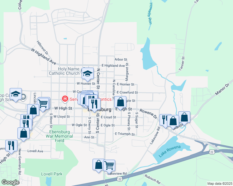 map of restaurants, bars, coffee shops, grocery stores, and more near 201-299 N Caroline St in Ebensburg
