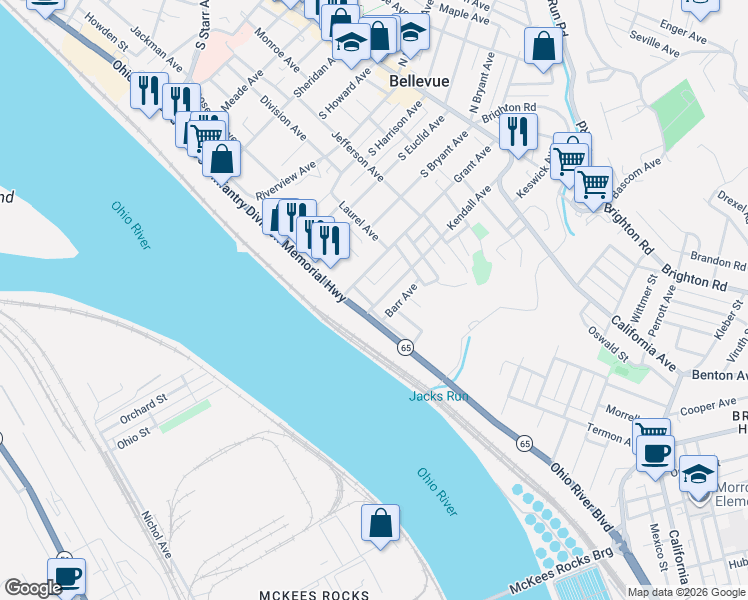 map of restaurants, bars, coffee shops, grocery stores, and more near 193 Kendall Avenue in Pittsburgh