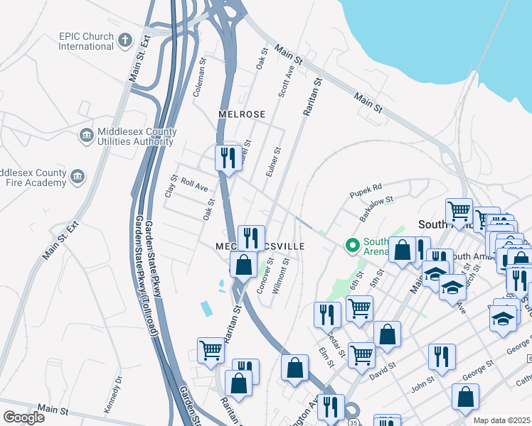 map of restaurants, bars, coffee shops, grocery stores, and more near 363 Raritan Street in South Amboy