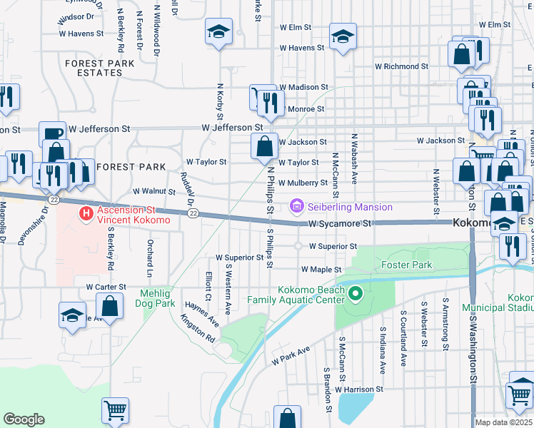 map of restaurants, bars, coffee shops, grocery stores, and more near 1302 West Sycamore Street in Kokomo