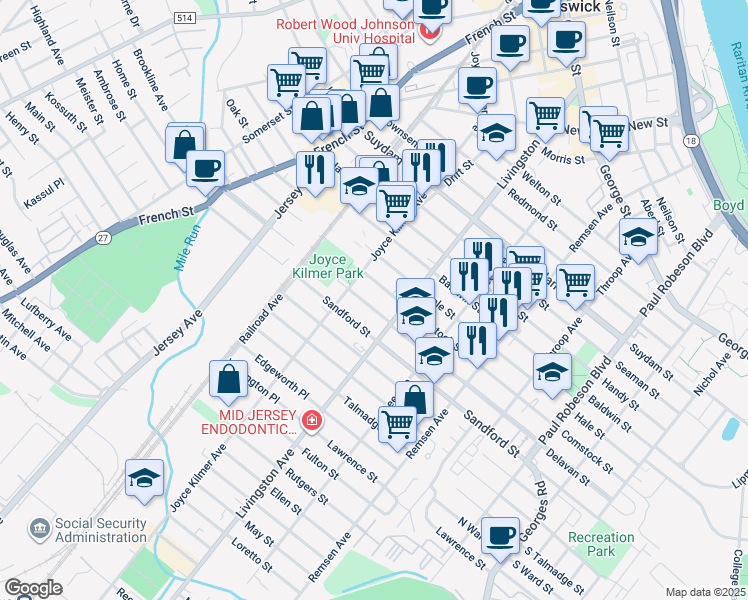 map of restaurants, bars, coffee shops, grocery stores, and more near 257 Delavan Street in New Brunswick