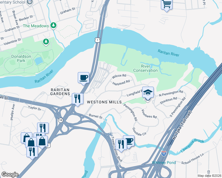 map of restaurants, bars, coffee shops, grocery stores, and more near 72 Tunison Road in New Brunswick