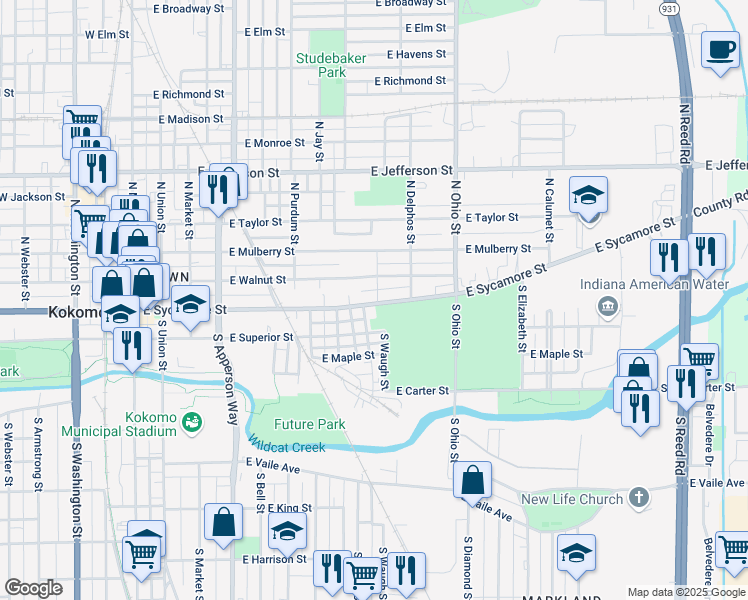 map of restaurants, bars, coffee shops, grocery stores, and more near 928 East Sycamore Street in Kokomo