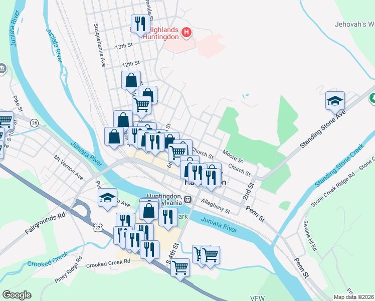 map of restaurants, bars, coffee shops, grocery stores, and more near 509 Mifflin Street in Huntingdon