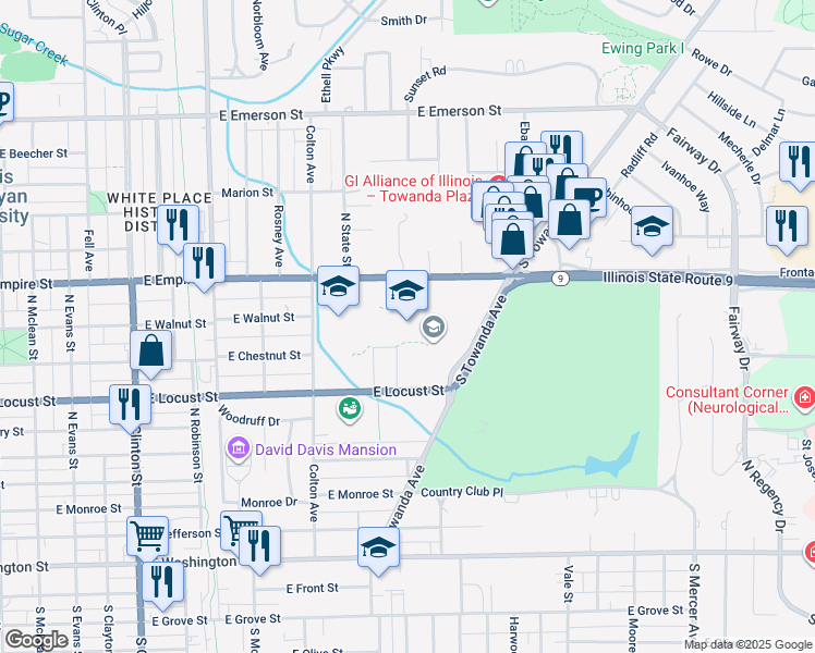 map of restaurants, bars, coffee shops, grocery stores, and more near 1202 East Locust Street in Bloomington