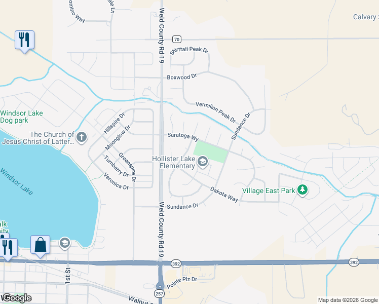 map of restaurants, bars, coffee shops, grocery stores, and more near 561 Wind River Drive in Windsor