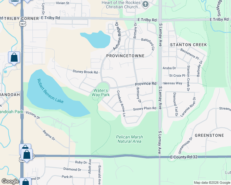 map of restaurants, bars, coffee shops, grocery stores, and more near 7115 Shadow Ridge Drive in Fort Collins