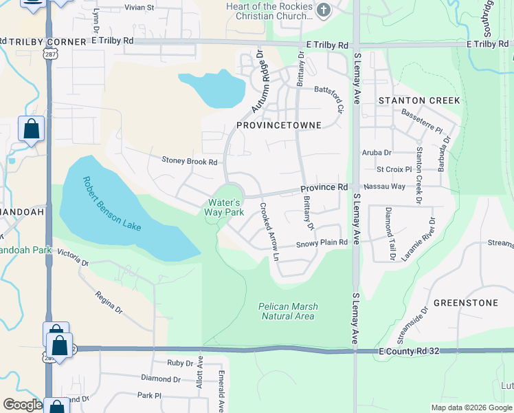 map of restaurants, bars, coffee shops, grocery stores, and more near 7115 Shadow Ridge Drive in Fort Collins