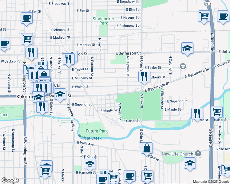 map of restaurants, bars, coffee shops, grocery stores, and more near 1009 East Sycamore Street in Kokomo