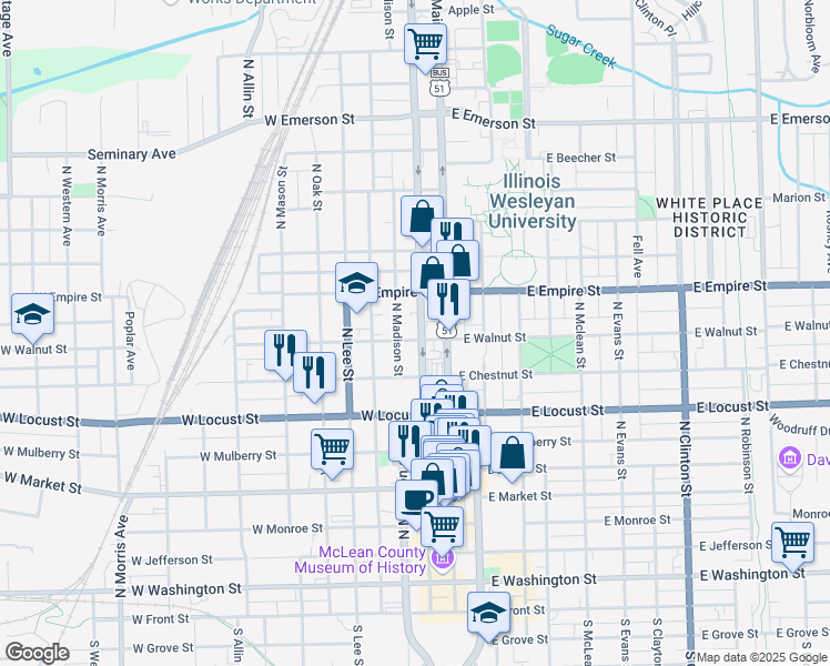 map of restaurants, bars, coffee shops, grocery stores, and more near 816 North Center Street in Bloomington