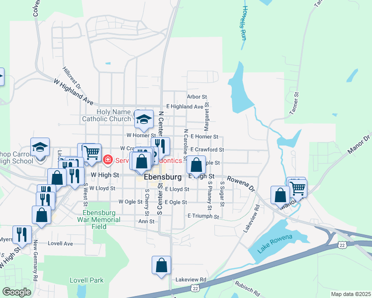 map of restaurants, bars, coffee shops, grocery stores, and more near 299 N Caroline St in Ebensburg