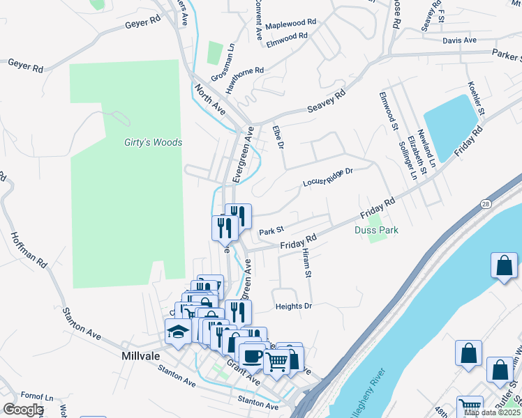 map of restaurants, bars, coffee shops, grocery stores, and more near 38 Lawrence Street in Millvale