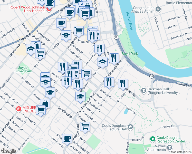 map of restaurants, bars, coffee shops, grocery stores, and more near 111 Townsend Street in New Brunswick