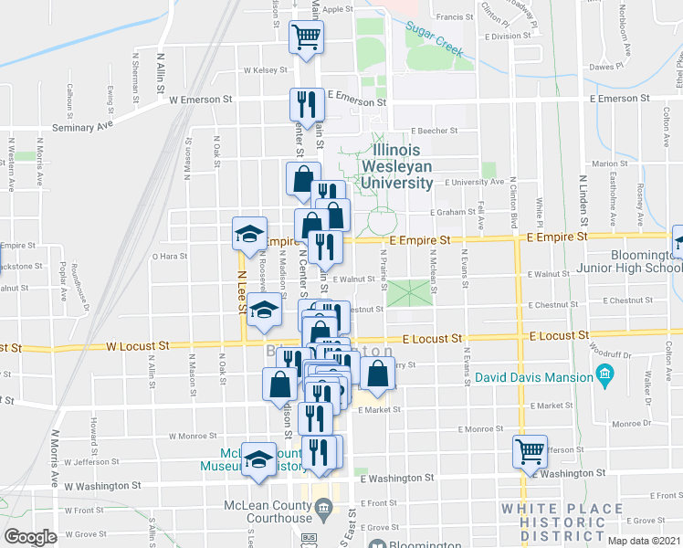 map of restaurants, bars, coffee shops, grocery stores, and more near 106 East Walnut Street in Bloomington