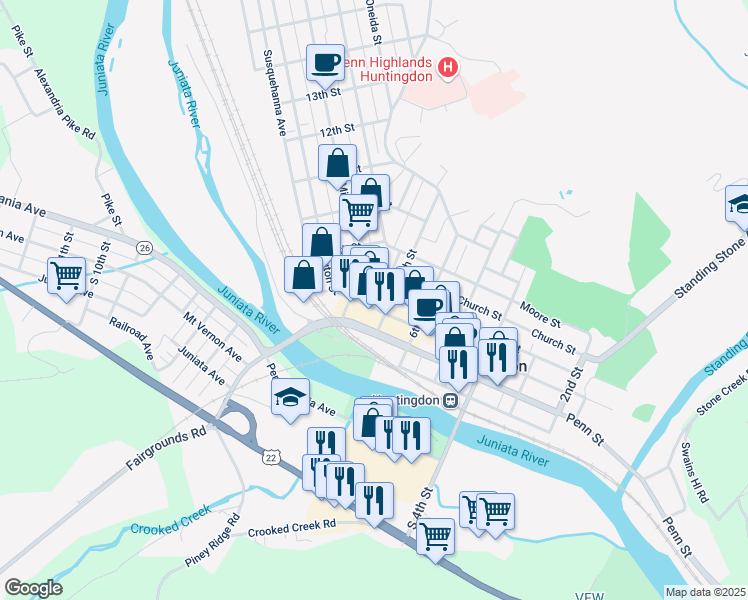 map of restaurants, bars, coffee shops, grocery stores, and more near 708 Washington Street in Huntingdon