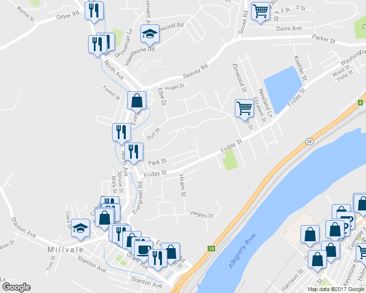 map of restaurants, bars, coffee shops, grocery stores, and more near 211 Park Street in Pittsburgh