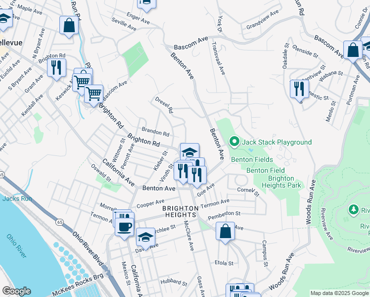 map of restaurants, bars, coffee shops, grocery stores, and more near 3873 Brighton Road in Pittsburgh