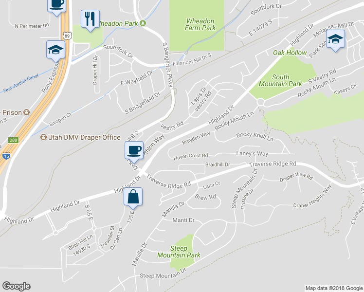 map of restaurants, bars, coffee shops, grocery stores, and more near 340 Brayden Way in Draper