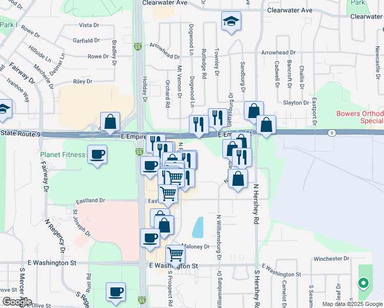 map of restaurants, bars, coffee shops, grocery stores, and more near 1803 East Empire Street in Bloomington