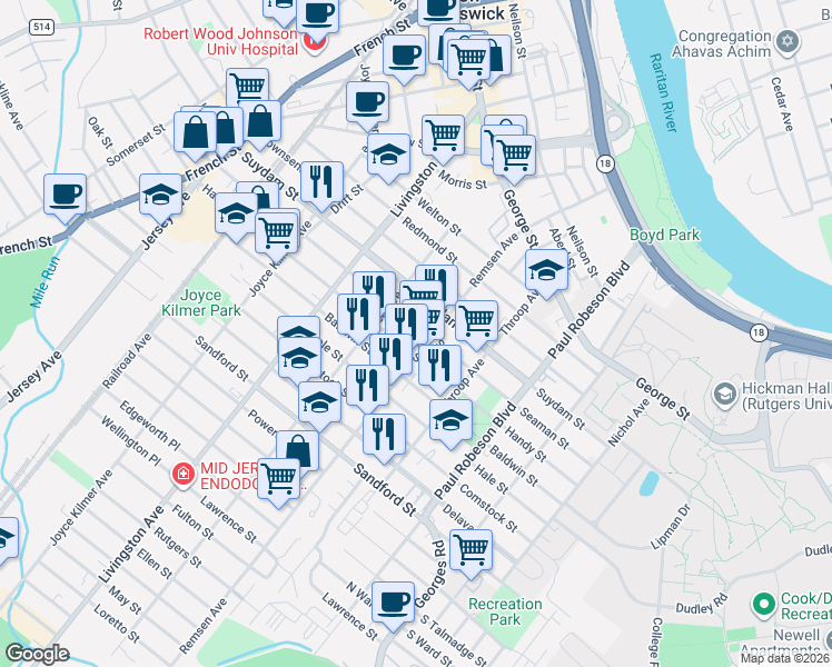 map of restaurants, bars, coffee shops, grocery stores, and more near 174 Handy Street in New Brunswick