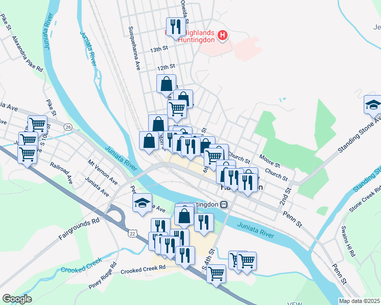 map of restaurants, bars, coffee shops, grocery stores, and more near 708 Washington Street in Huntingdon