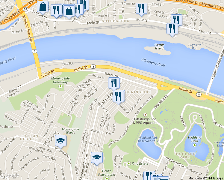 map of restaurants, bars, coffee shops, grocery stores, and more near in Pittsburgh