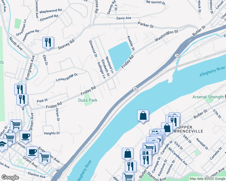 map of restaurants, bars, coffee shops, grocery stores, and more near 37 Perry Street in Millvale