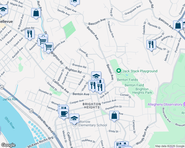 map of restaurants, bars, coffee shops, grocery stores, and more near 3873 Brighton Road in Pittsburgh