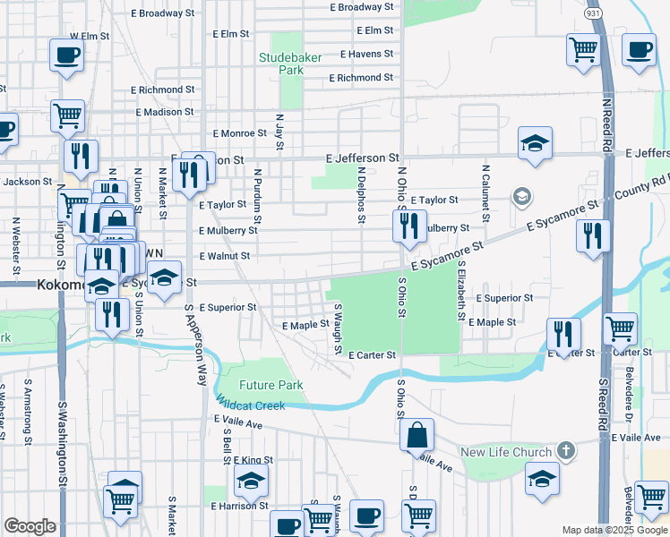 map of restaurants, bars, coffee shops, grocery stores, and more near 1009 East Sycamore Street in Kokomo