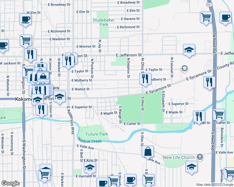 map of restaurants, bars, coffee shops, grocery stores, and more near 1009 East Sycamore Street in Kokomo