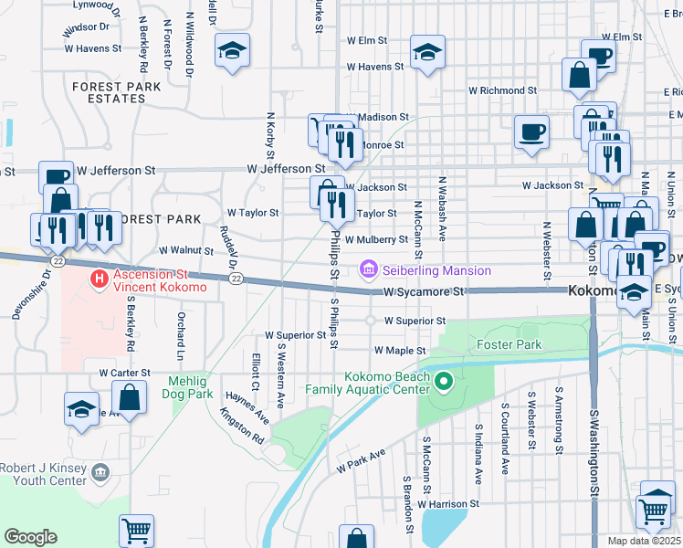 map of restaurants, bars, coffee shops, grocery stores, and more near 1224 West Sycamore Street in Kokomo