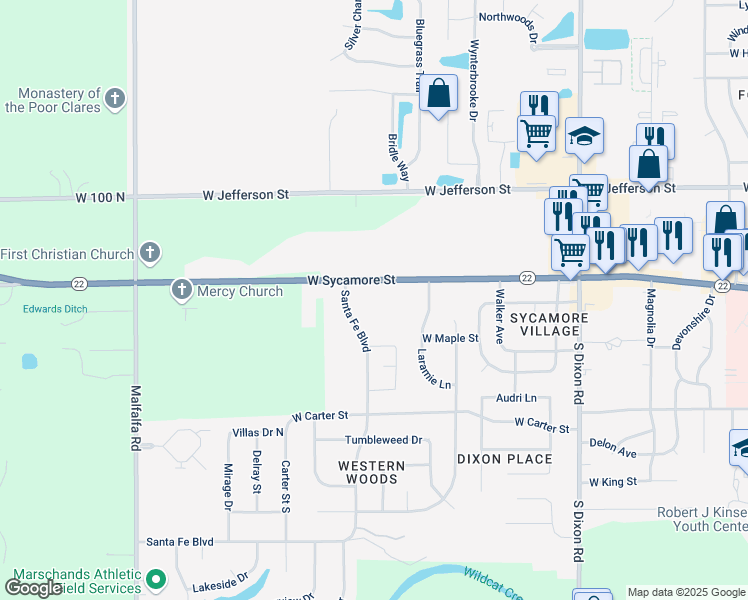 map of restaurants, bars, coffee shops, grocery stores, and more near 2905 West Sycamore Street in Kokomo