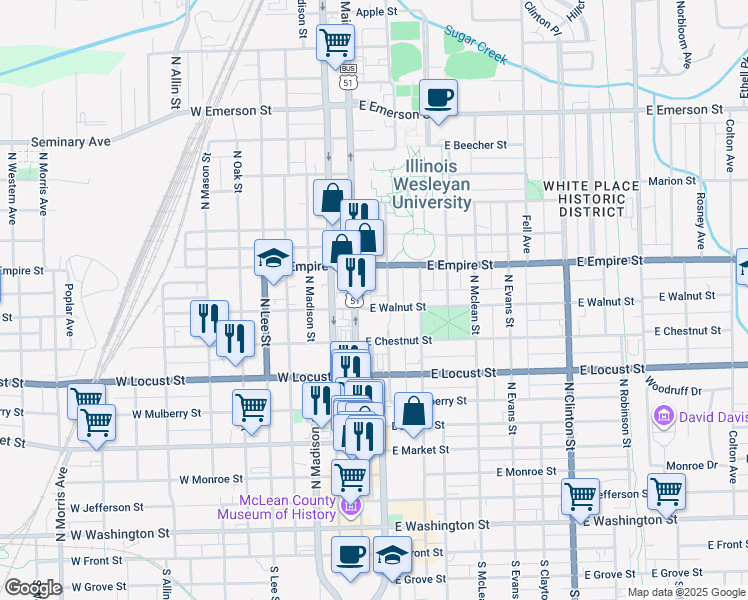 map of restaurants, bars, coffee shops, grocery stores, and more near 807 North Main Street in Bloomington