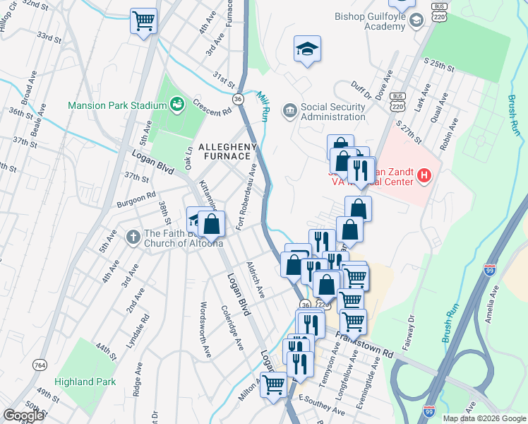 map of restaurants, bars, coffee shops, grocery stores, and more near 105 Union Avenue in Altoona