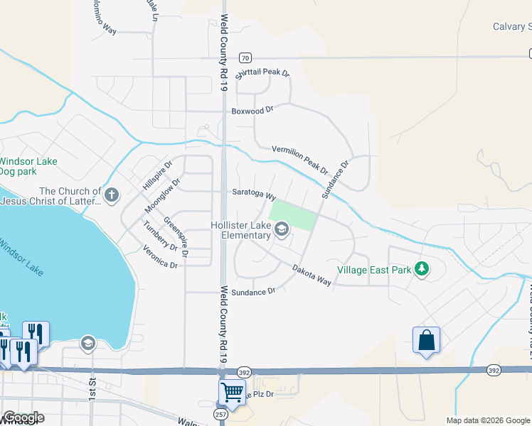 map of restaurants, bars, coffee shops, grocery stores, and more near 561 Wind River Drive in Windsor