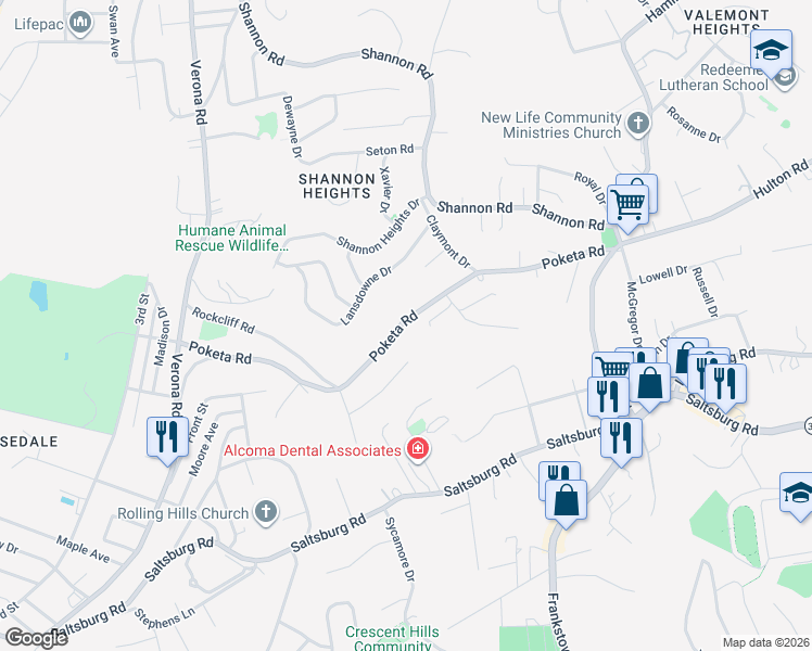 map of restaurants, bars, coffee shops, grocery stores, and more near 6184 Poketa Road in Verona