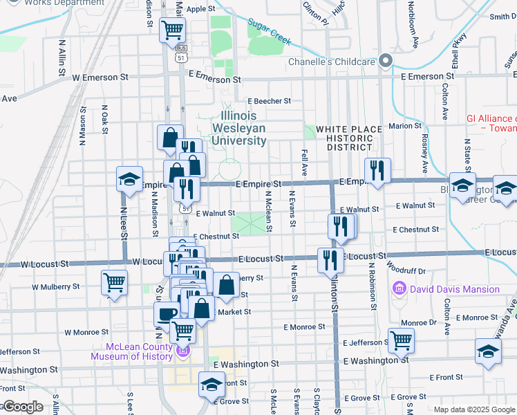 map of restaurants, bars, coffee shops, grocery stores, and more near 406 East Walnut Street in Bloomington