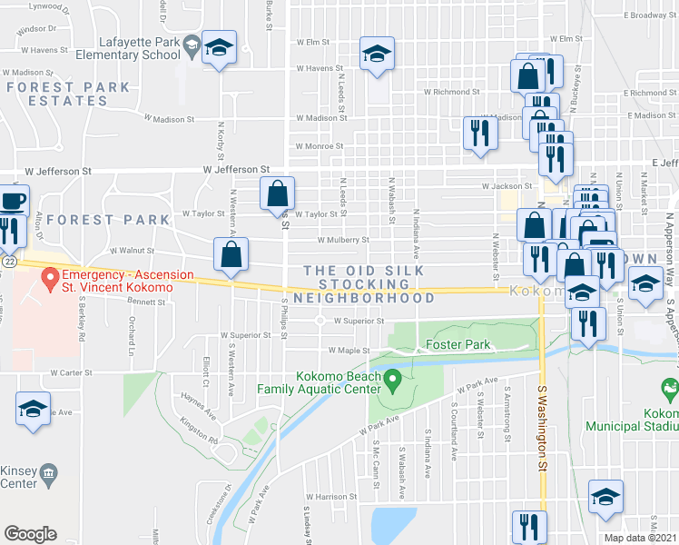 map of restaurants, bars, coffee shops, grocery stores, and more near 1107 West Walnut Street in Kokomo