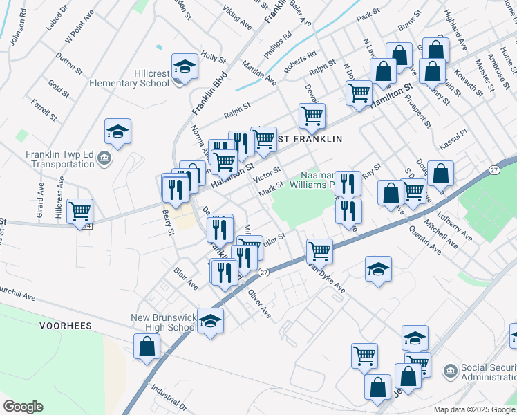 map of restaurants, bars, coffee shops, grocery stores, and more near 30 Parkside Street in Franklin Township