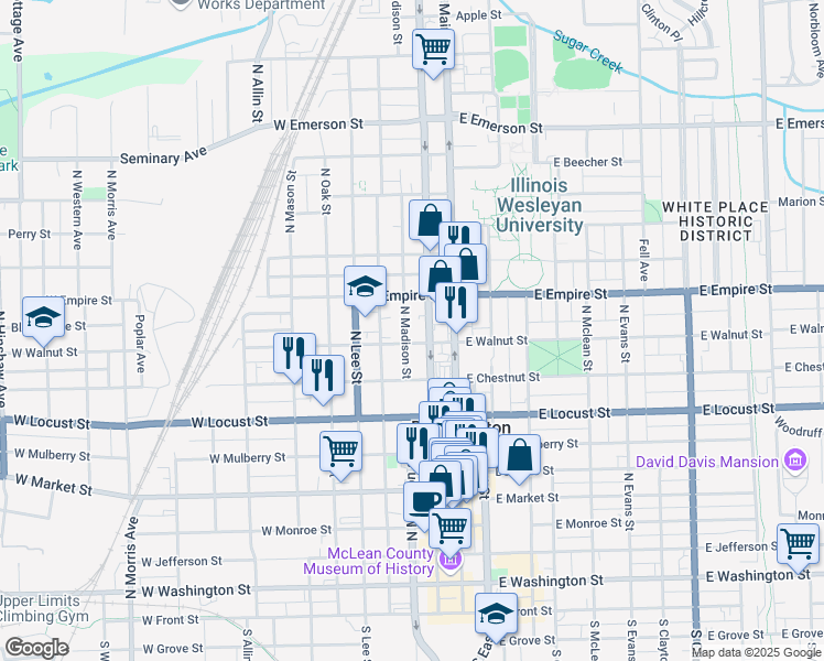map of restaurants, bars, coffee shops, grocery stores, and more near 903 North Madison Street in Bloomington