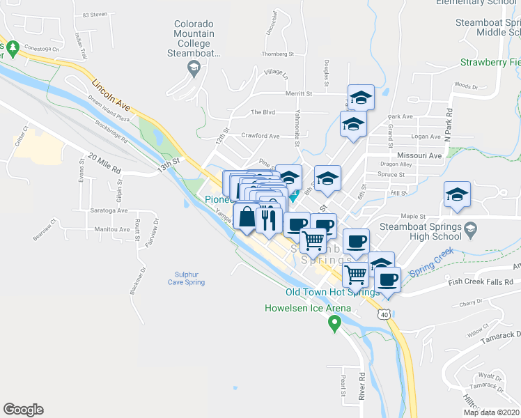 map of restaurants, bars, coffee shops, grocery stores, and more near 58 9th Street in Steamboat Springs
