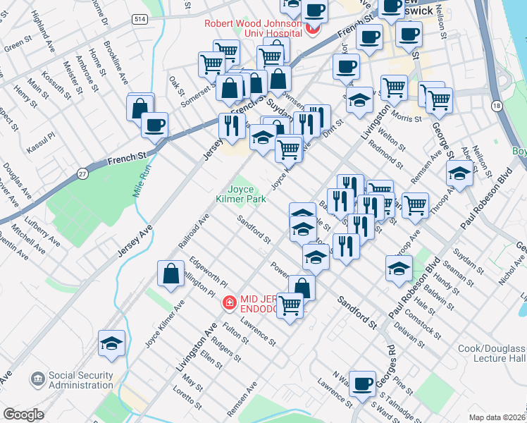 map of restaurants, bars, coffee shops, grocery stores, and more near in New Brunswick