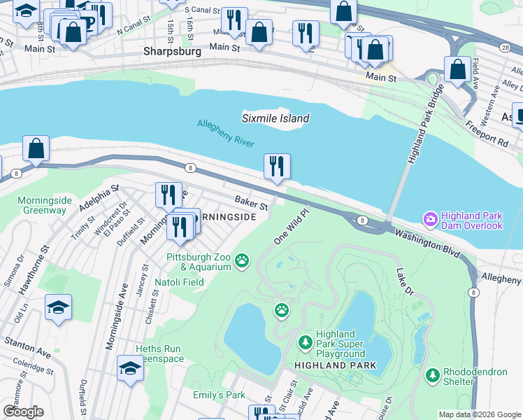map of restaurants, bars, coffee shops, grocery stores, and more near 1952 Antietam Street in Pittsburgh