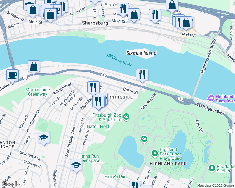map of restaurants, bars, coffee shops, grocery stores, and more near in Pittsburgh