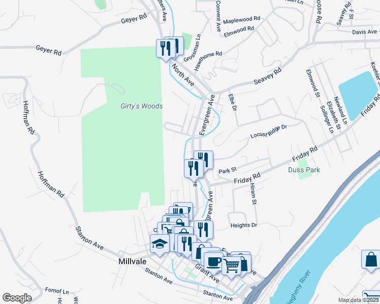 map of restaurants, bars, coffee shops, grocery stores, and more near 633 North Avenue in Millvale