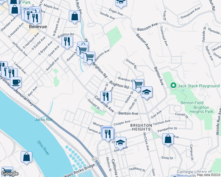 map of restaurants, bars, coffee shops, grocery stores, and more near 1840 Perrott Avenue in Pittsburgh