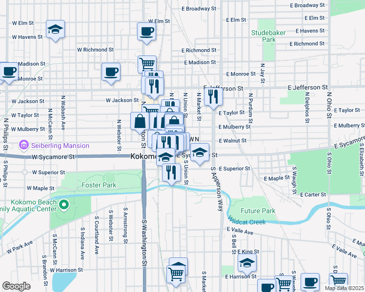 map of restaurants, bars, coffee shops, grocery stores, and more near in Kokomo
