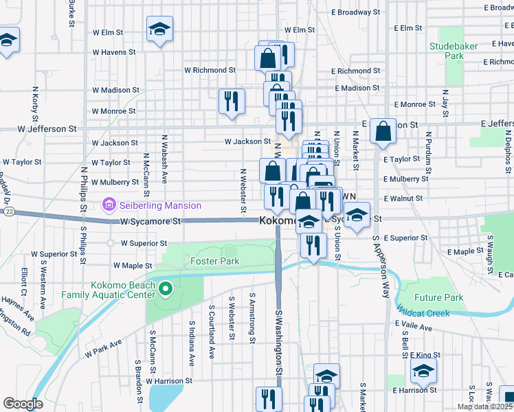 map of restaurants, bars, coffee shops, grocery stores, and more near 404 West Sycamore Street in Kokomo