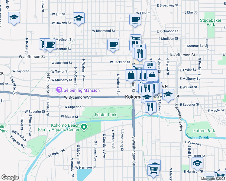 map of restaurants, bars, coffee shops, grocery stores, and more near 502 West Sycamore Street in Kokomo
