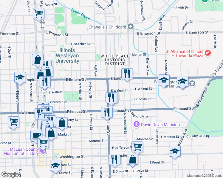 map of restaurants, bars, coffee shops, grocery stores, and more near 703 East Walnut Street in Bloomington